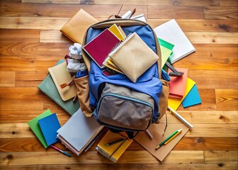A worn and colorful backpack, filled with textbooks, laptops, and supplies, rests on a wooden floor, surrounded by