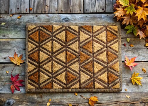 A worn and faded coir doormat with a subtle geometric pattern lies flat on a weathered wooden porch,