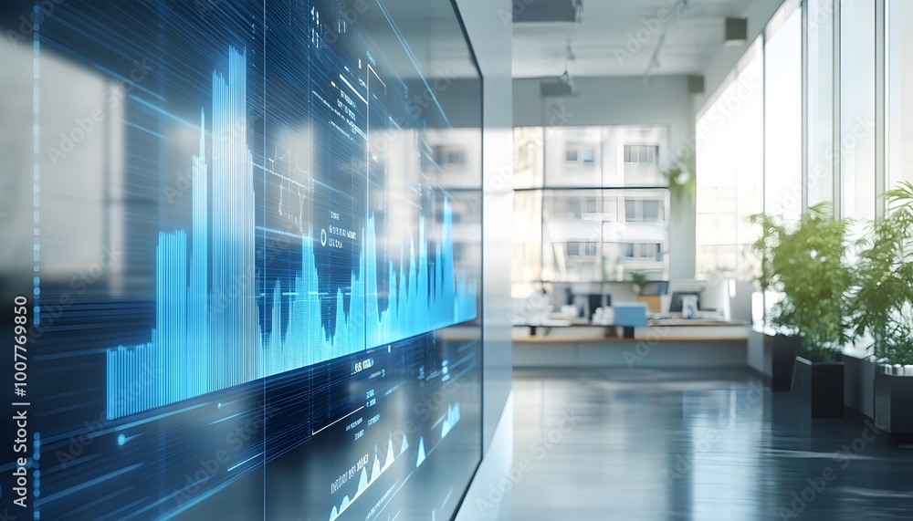 Poster modern office interior with a large digital screen displaying data analytics and financial graphs.