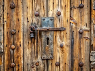 Fototapeta premium A worn, rustic wooden door with old-fashioned iron hinges and a large keyhole, weathered to perfection, stands slightly