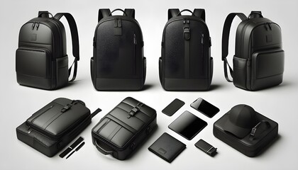 Realistic mockups of a black backpack, shown from various angles, including front, back, and isometric views