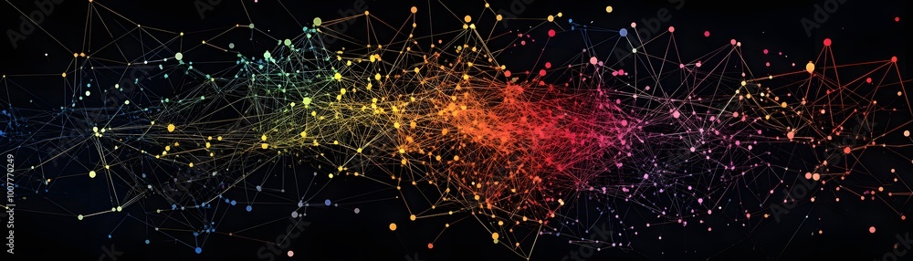 Poster vibrant abstract image showcasing a network of colorful particles and connections against a dark bac