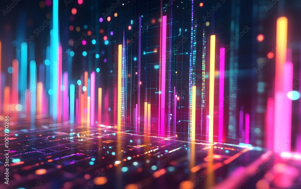 Poster vibrant abstract visualization of data streams with colorful bars and glowing effects, perfect for d