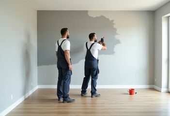 Interior Design: Professional Painters Enhancing a Modern Living Space with a Light Gray Color Palette 