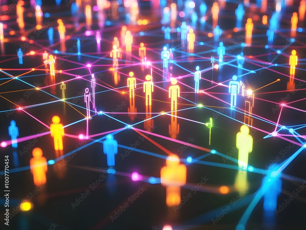 Poster vibrant network of glowing figures representing digital connections and communication across a color
