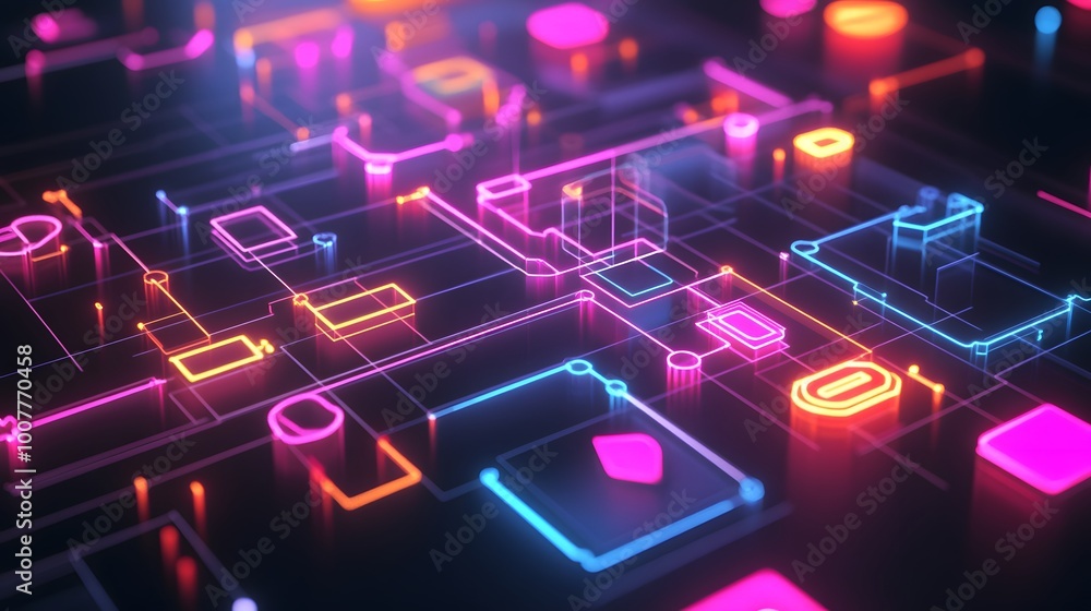 Poster vibrant neon circuit patterns create an abstract digital landscape, combining glowing shapes and lin