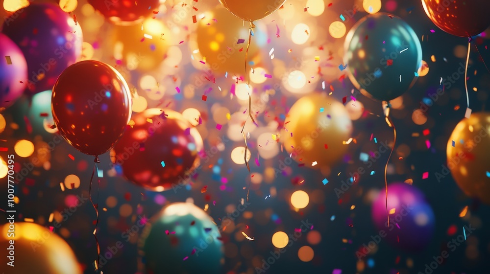 Poster vibrant colorful balloons floating amidst glittering confetti and bokeh lights, creating a festive a