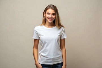 Obraz premium A young adult female wearing a plain white t-shirt with a mock-up design template, standing against a neutral