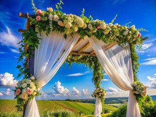 Beautifully decorated chuppah adorned with lush greenery, flowers, and flowing drapes stands elegantly under a bright