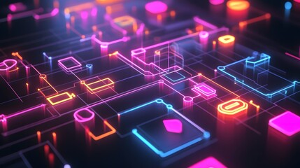 Obraz premium Vibrant neon circuit patterns create an abstract digital landscape, combining glowing shapes and lines in a futuristic design.