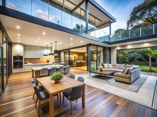 Beautifully renovated modern home with expansive open-plan living area, large windows, and sleek kitchen, showcasing