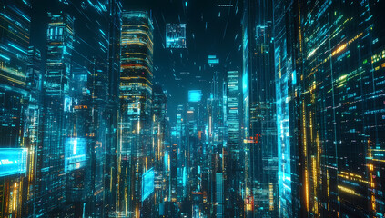 Naklejka premium Futuristic cityscape at night with neon lights and data streams