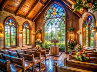 Beautiful stained-glass windows illuminate a serene, rustic chapel's wooden pews, adorned with fresh flowers, conveying