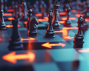 Naklejka premium A close-up view of a chessboard with glowing pieces and arrows, symbolizing strategy and competition in a dynamic game.