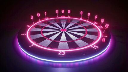 Close-Up Shot of Neon Dartboard with Dark Background for Dramatic Effect