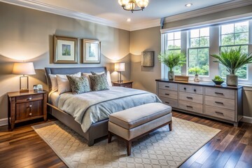 Calm and spacious 8x8 bedroom layout featuring a queen-sized bed, nightstand, and dresser, with ample floor space for