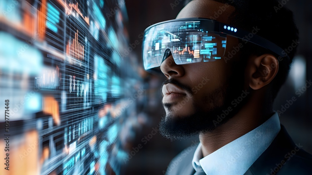 Poster a focused man in a suit wearing smart glasses, analyzing digital data displayed in futuristic graphi