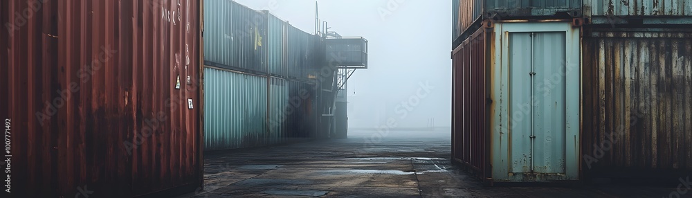 Poster a foggy view of shipping containers creating a mysterious, industrial atmosphere. perfect for transp