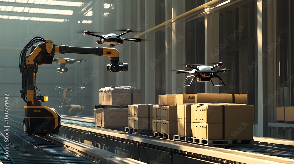 Poster a futuristic warehouse scene showcasing robotic arms and drones working in harmony to automate logis
