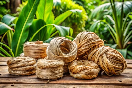 Coiled bundles of natural abaca fibers lie on a rustic wooden table, surrounded by lush greenery, evoking a