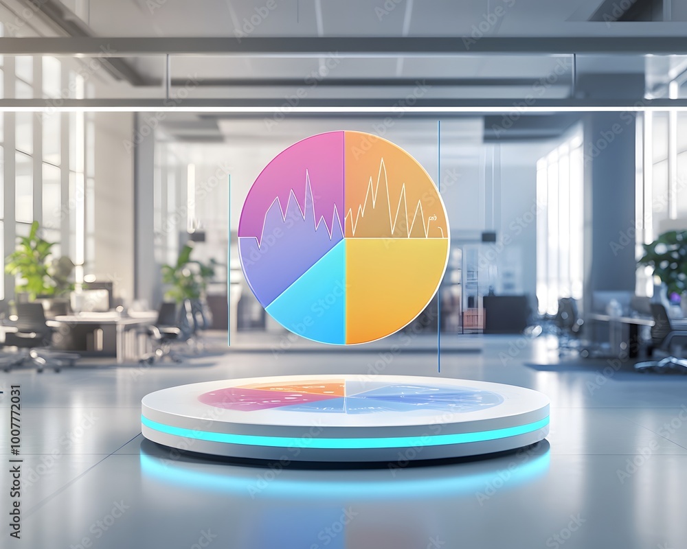 Poster a modern office setting with a floating infographic pie chart, showcasing data visualization and bus