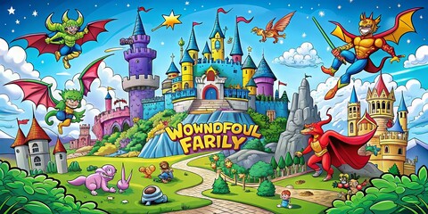 Colorful cartoon illustration of a whimsical fantasy world with medieval castles, dragons, and...