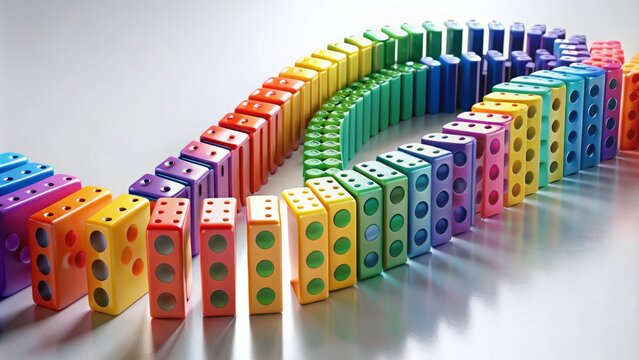 Colorful dominoes topple in a mesmerizing chain reaction, creating a whirlwind of movement and energy, with each one