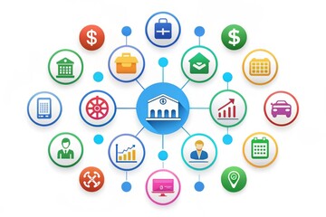 Colorful icons representing various business functions, such as finance, marketing, and supply chain management,