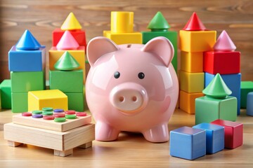 Colorful toys and blocks surround a calculator and piggy bank, highlighting the financial burden and expense of