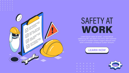 Safety at work isometric poster. Construction safety hat, wrench and clipboard. Safety at factory. Injury Prevention. Volumetric vector illustration