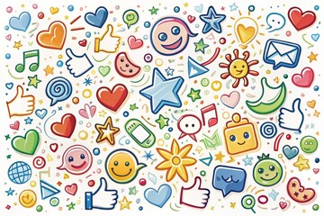 Colorful, whimsical doodles of various social media icons and symbols, including likes, shares, and comments, scattered