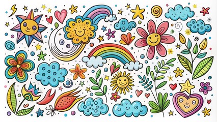 Fototapeta premium Colorful, whimsical doodle set featuring varied hand-drawn elements, including stars, clouds, flowers, and shapes, set