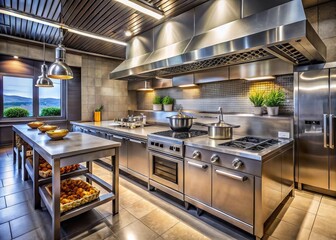 Commercial kitchen interior with stainless steel appliances, concrete countertops, and decorative tiles, set against a