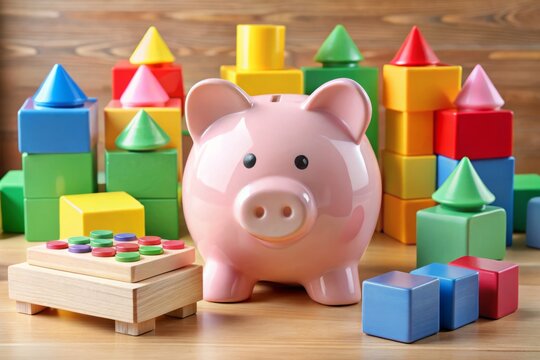 Colorful toys and blocks surround a calculator and piggy bank, highlighting the financial burden and expense of - Powered by Adobe