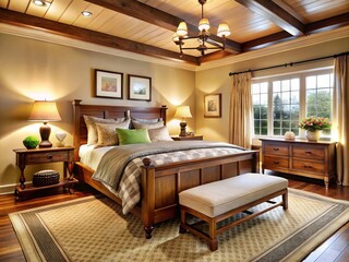 Cozy American-style bedroom with plush carpet, rustic wooden furniture, and soft creamy lighting, evoking a sense of
