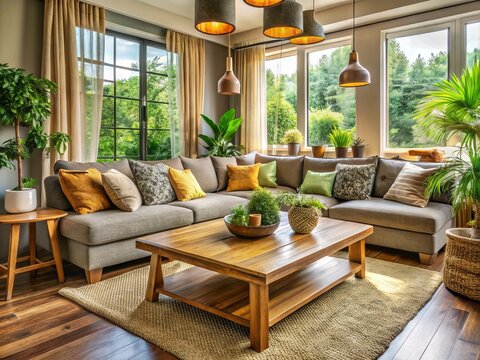 Cozy living room with plush 2XL sectional sofa, wooden coffee table, and vibrant throw pillows, surrounded by modern