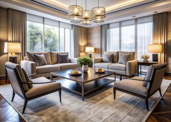 Cozy modern living room setup featuring four stylish chairs arranged around a sleek coffee table, surrounded by elegant
