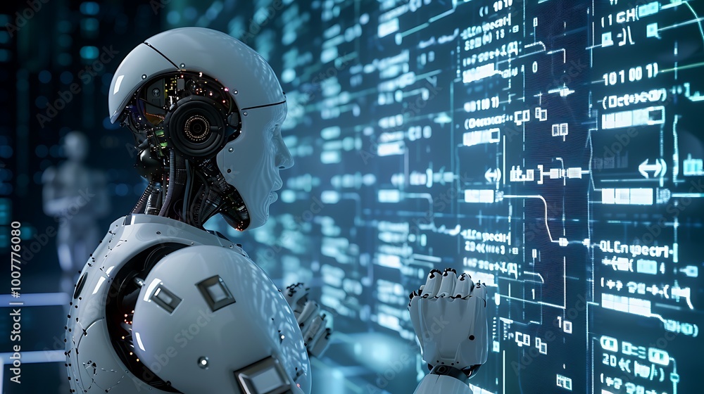 Poster white humanoid robot stands in front of digital screen interacts with data. advanced technology of d
