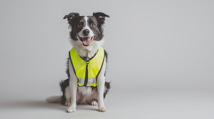 Safety First: A black and white border collie dog wearing a bright yellow safety vest sits obediently, ready for adventure.