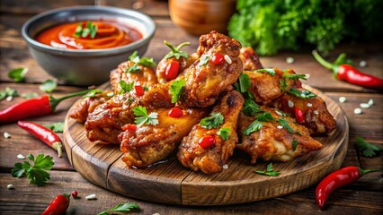 Crispy fried chicken wings smothered in a rich, spicy sauce, garnished with fresh herbs and served on a