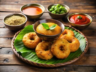 Crispy fried Indian doughnut vada surrounded by steaming hot sambar and chutney, garnished with fresh cilantro and