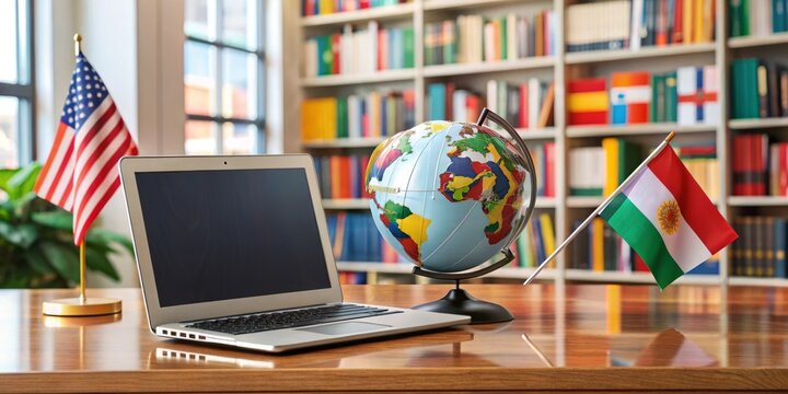 Cultural immersion: laptop and international flags on desk, globe and bookshelves in background, symbolizing global