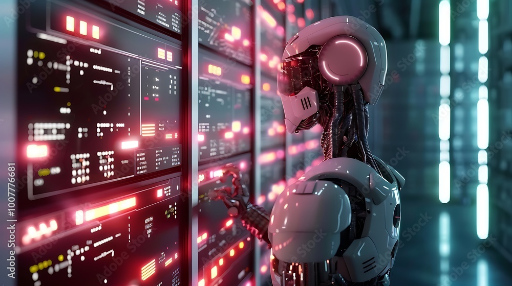 Poster futuristic android standing in front of a server rack, representing the role of ai in modern technol