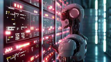 Fototapeta premium Futuristic android standing in front of a server rack, representing the role of AI in modern technology.