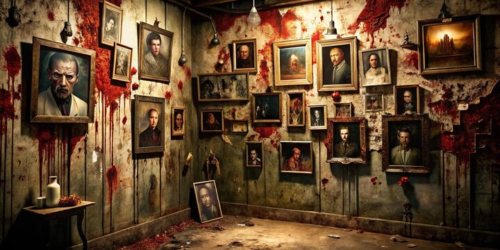 Dark and eerie horror-themed wall with grotesque blood-splattered photographs, torn papers, and mysterious artifacts,