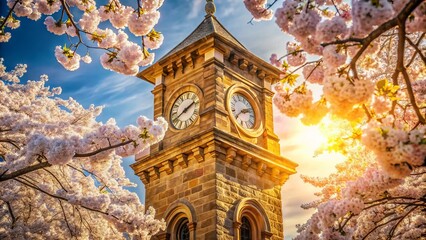 Delicate cherry blossoms surround an antique clock tower, its intricately carved stone facade glowing warm golden in