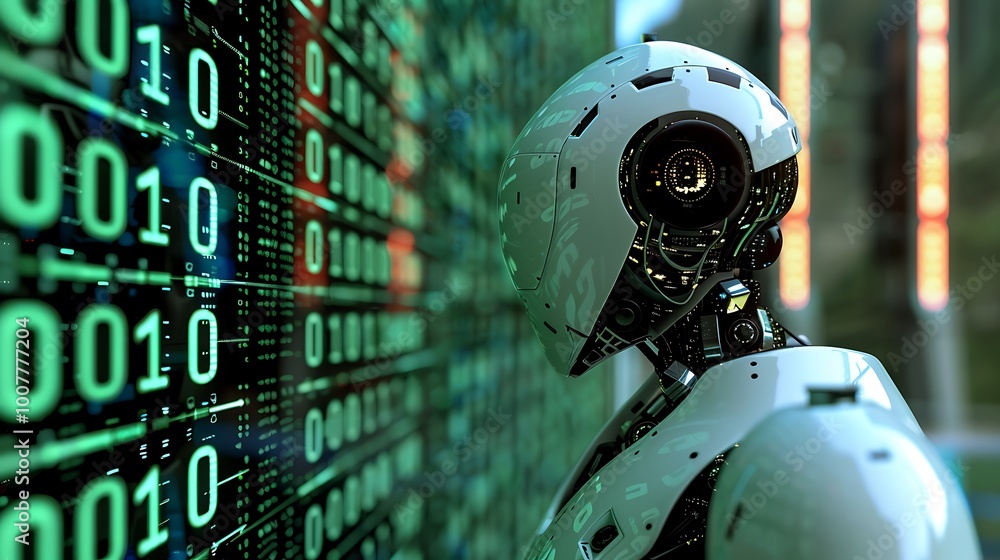 Poster futuristic robot stands before a wall of digital code, representing the intersection of technology a