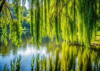 Delicate, drooping branches of a majestic weeping willow tree sway gently in the breeze, surrounded by lush greenery