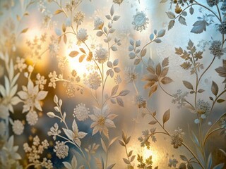 Delicate floral patterns intricately etched into a pane of frosted glass, refracting soft light and casting subtle