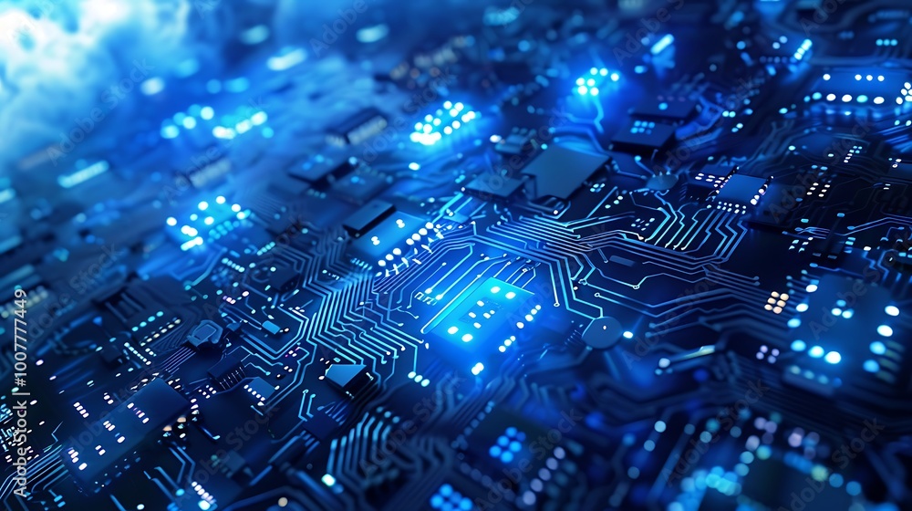 Poster circuit board with glowing blue lights, representing the complexity and advancement of modern techno